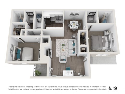 Floor plan for 2 beds, 2 baths, 1222 sqft
